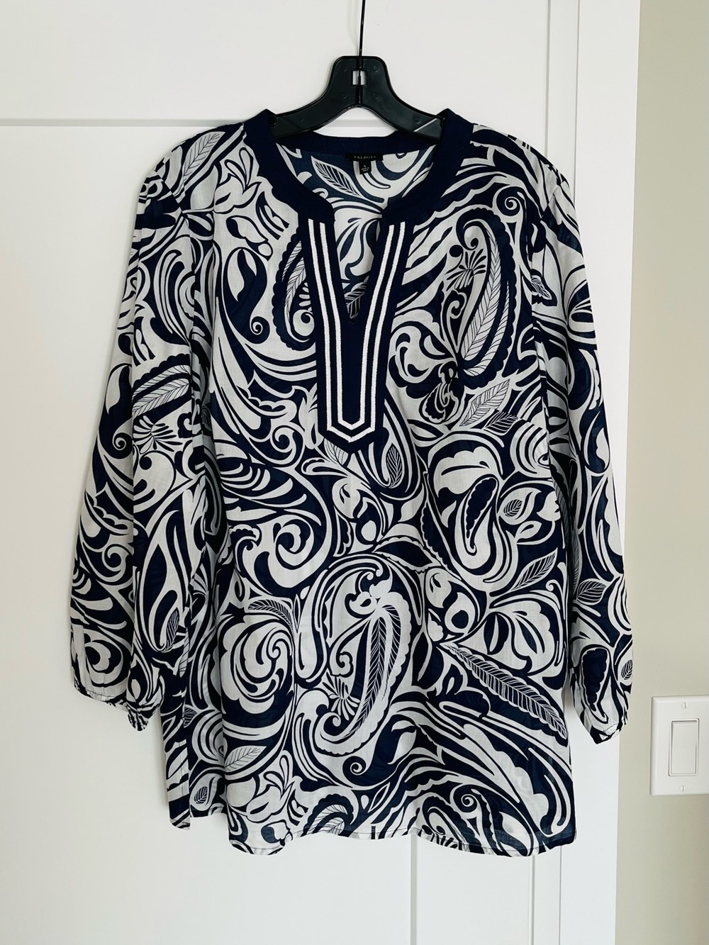 Talbots Navy White Paisley 100% Cotton Tunic Blouse Size L